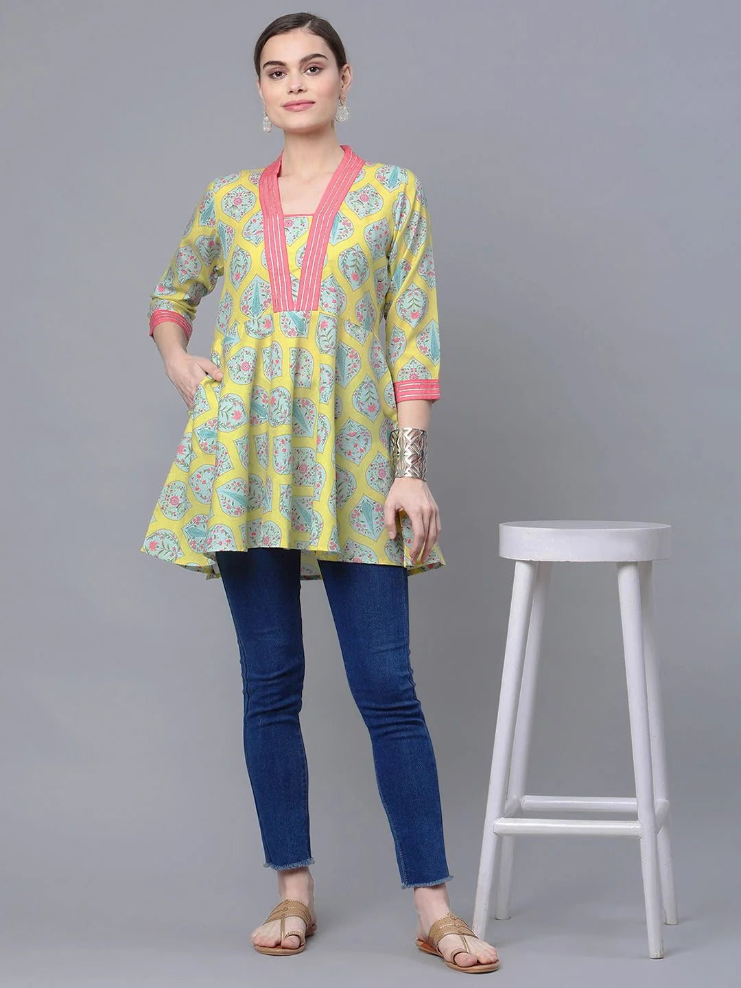 Lemon Yellow Cotton Blend Tunic Top - Indian Kurta for Women