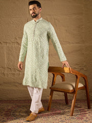 Ethnic Bay Men Green Viscose Rayon Solid Embroidered Straight Kurta With Pant Set-MKSET1238
