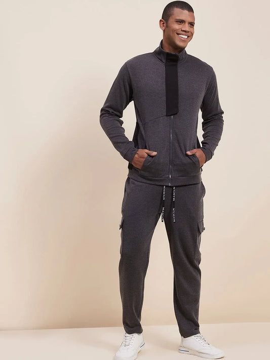 Men's Grey Melange High Neck Contrast Flap Jacket 1080
