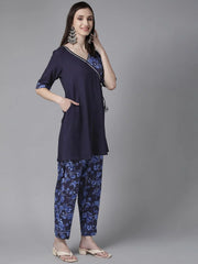 Navy Blue Rayon Wax Printed Angrakha Gotta Patti Tunic With Trousers-AHTUPN-COMBO-376