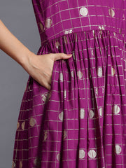 Checked Puff Sleeves Maxi Gown-AHEDCNFP-242