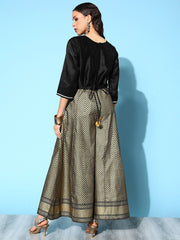 Black Poly Silk Gold Printed Jumpsuit-AHJSPSFP-952-FF