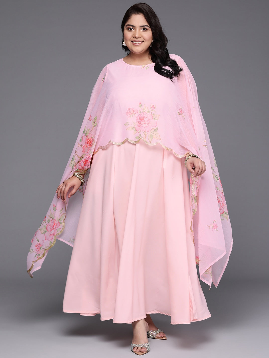 Plus Size Floral Cape Sleeve Gown | Indian Dresses Online