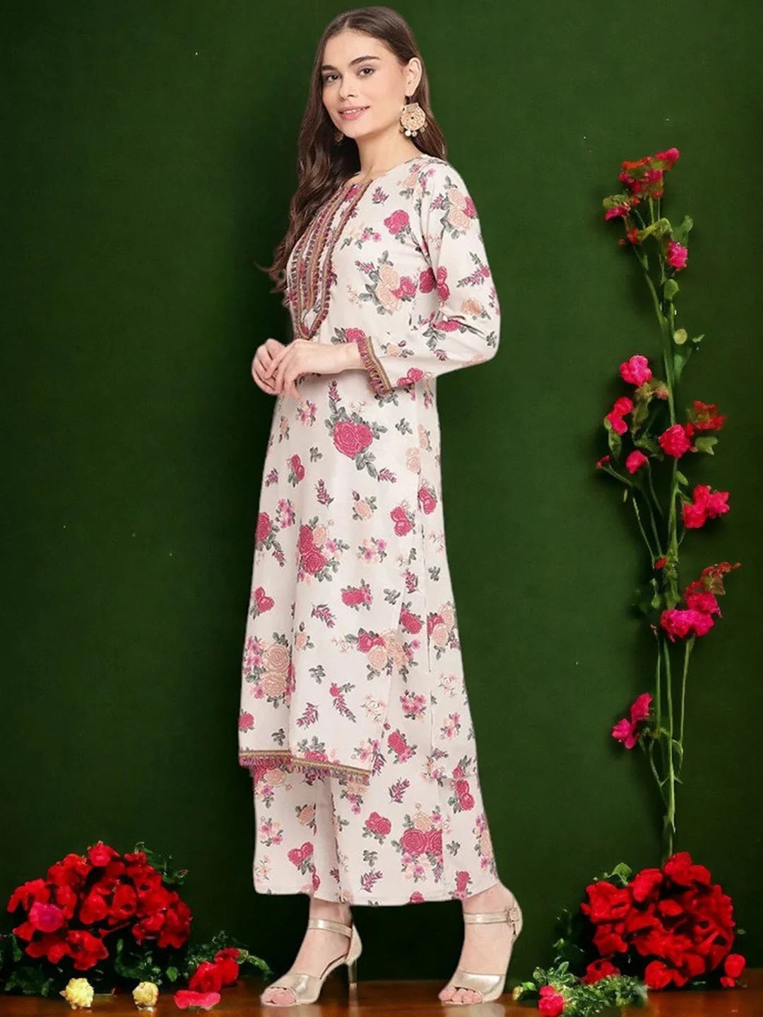 Floral Polyester Kurta and Palazzo Pants Set for Women