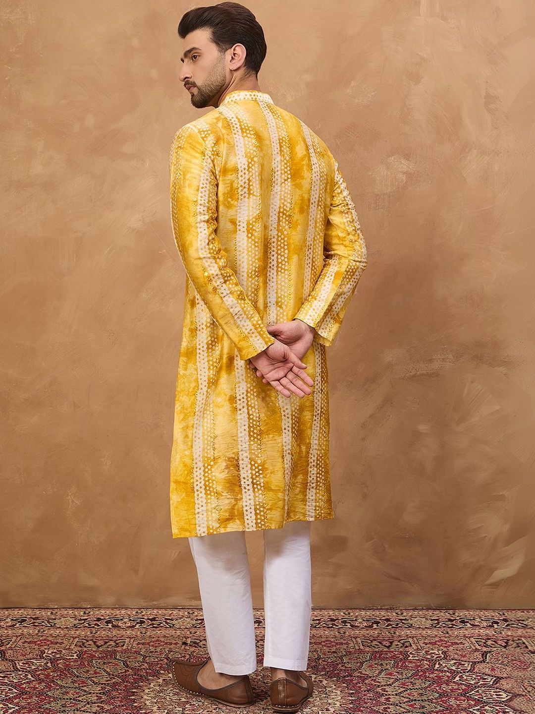 Ethnic Bay Men Yellow Silk Blend Shibori Embroidered Straight Kurta With Pant Set-MKSET1540