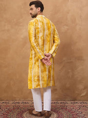 Ethnic Bay Men Yellow Silk Blend Shibori Embroidered Straight Kurta With Pant Set-MKSET1540