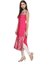 Pink Chanderi Foil Printed Kurta-AHKUCRDF-403