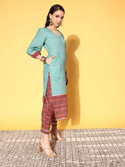Teal Pure Cotton Blend Digital Printed Kurta Pant Set-AHKUPN-COMBO-493-FF