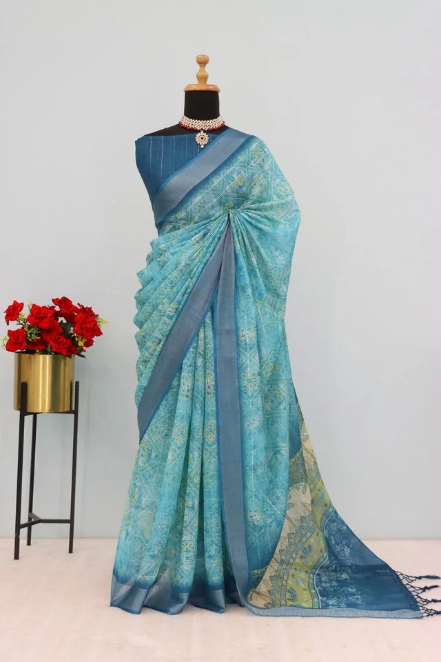Linen Digital Print Sky Blue Saree With Unstiched Blouse Piece-MPHL-82-SKY