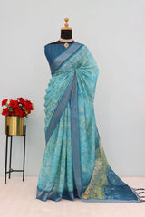 Linen Digital Print Sky Blue Saree With Unstiched Blouse Piece-MPHL-82-SKY