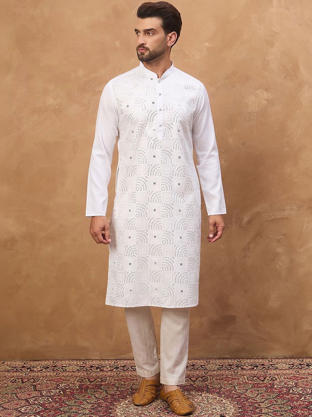 Ethnic Bay Men White Silk Blend Solid Embroidered Straight Kurta With Pant Set-MKSET1444