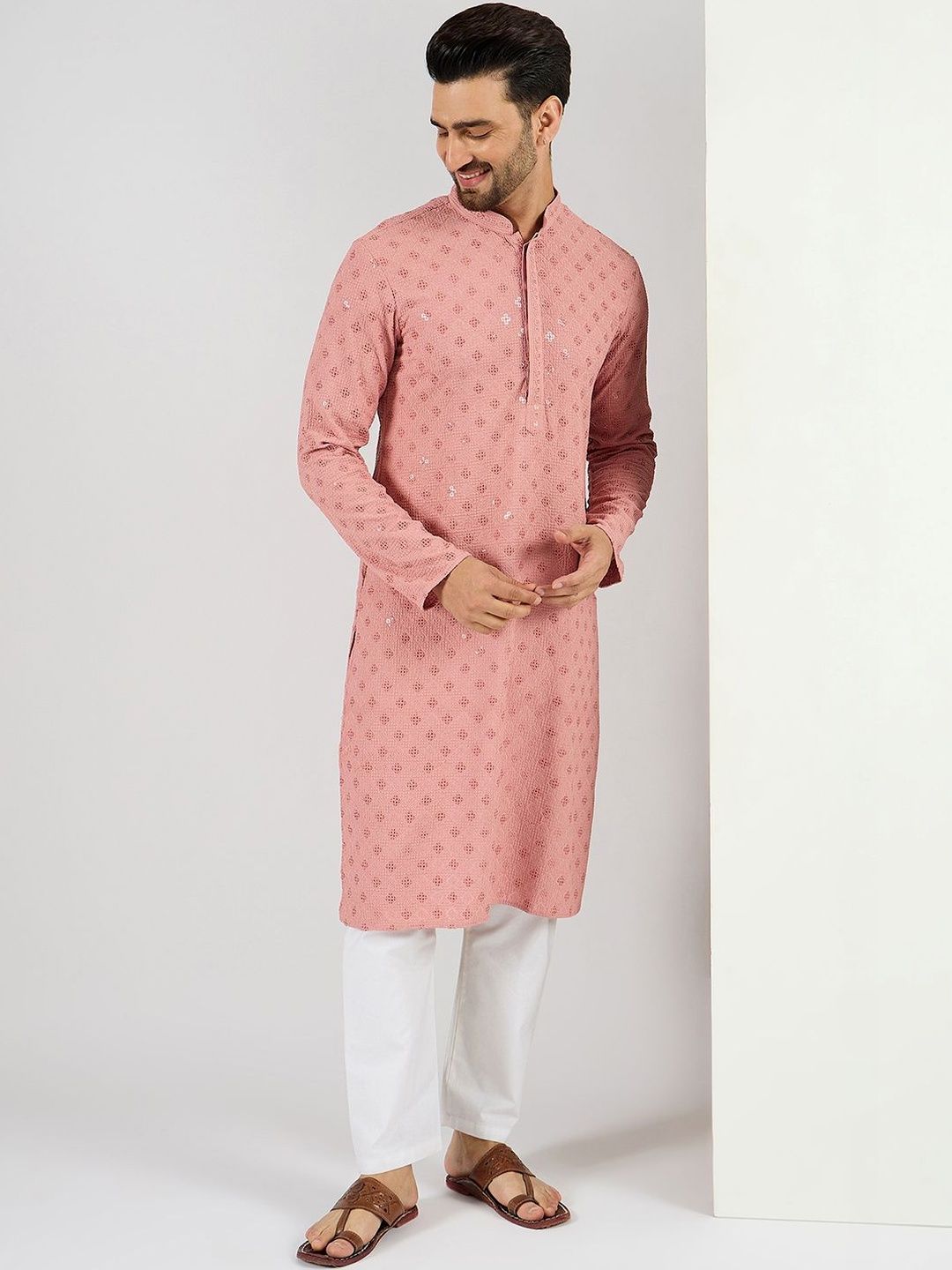 Ethnic Bay Men Pink Viscose Rayon Embroidered Straight Kurta With Pant Set-MKSET1060