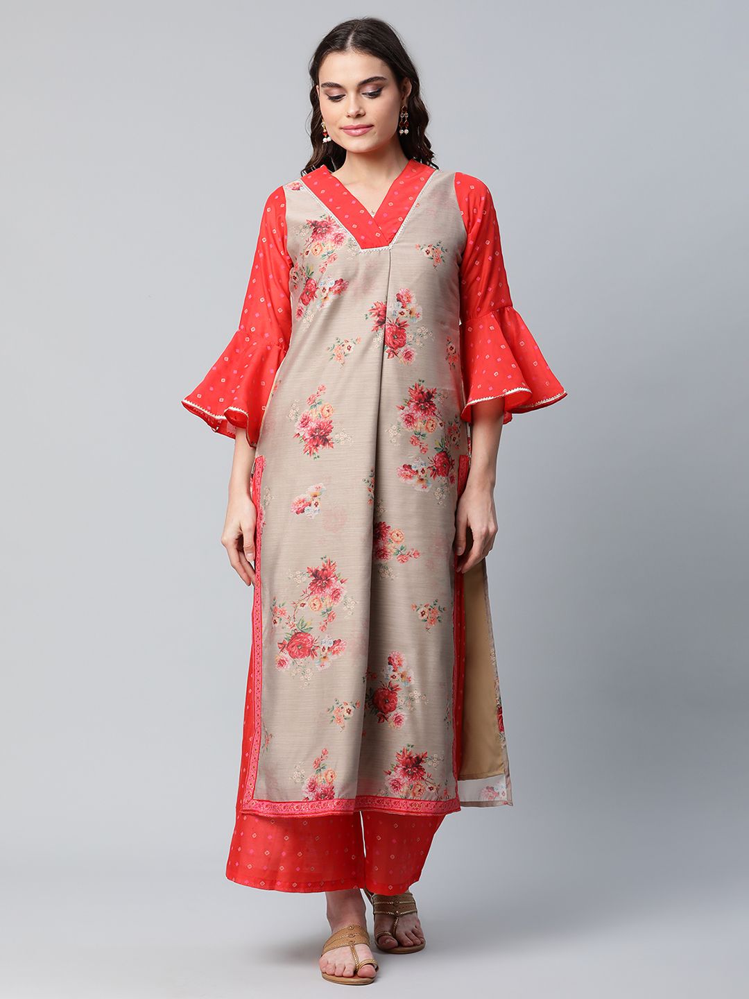 Red & Brown Printed Kurta Palazzo Set | Women's Palazzo Sets