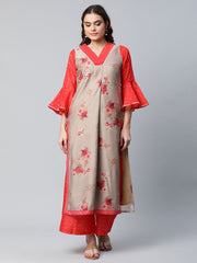 Red & Brown Chanderi Printed Kurta Palazzo Set-AHKUPZ-COMBO-460