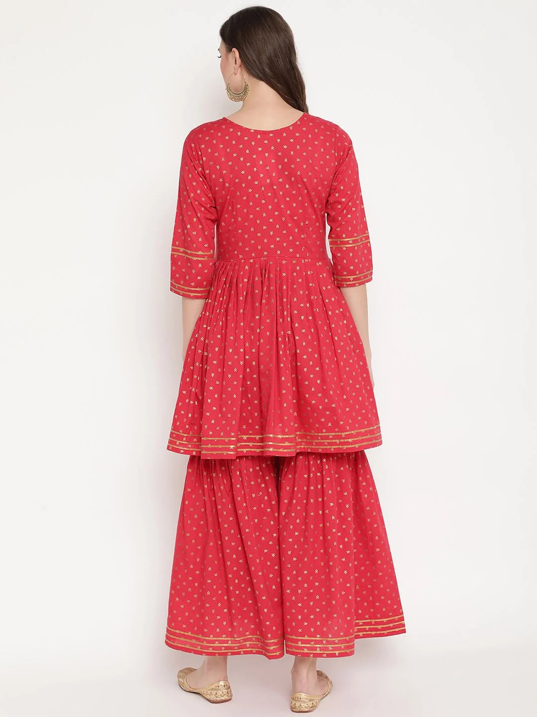 Red Cotton Gold Print Sharara Set | Women's Designer Outfit