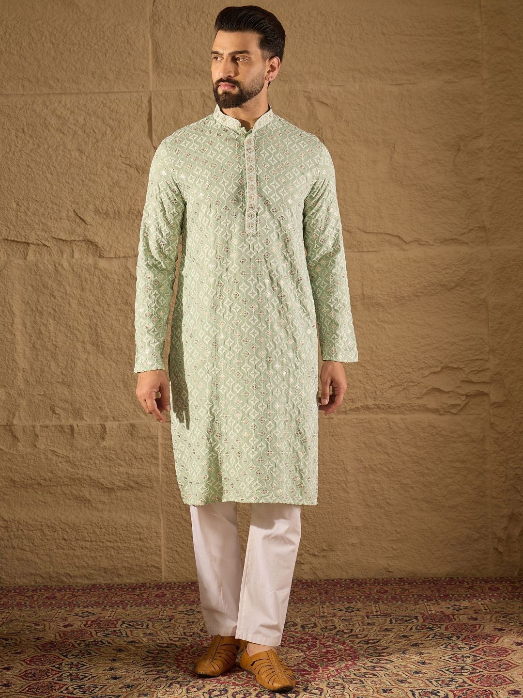 Ethnic Bay Men Green Viscose Rayon Solid Embroidered Straight Kurta With Pant Set-MKSET1238