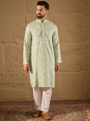 Ethnic Bay Men Green Viscose Rayon Solid Embroidered Straight Kurta With Pant Set-MKSET1238