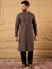 Ethnic Bay Mens Brown Viscose Rayon Ethnic Motifs Embroidered Chikankari Straight Kurta With Pant Set-MKSET1164