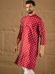 Ethnic Bay Men Maroon Silk Ikat Printed Straight Kurta With Pant Set-MKSET1281