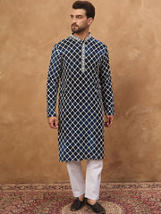 Ethnic Bay Men Blue Viscose Rayon Shibori Embroidered Straight Kurta With Pant Set-MKSET1414