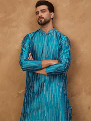 Ethnic Bay Men Blue Silk Blend Geometric Printed Straight Kurta With Pant Set-MKSET1519