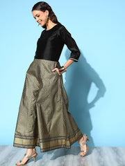 Black Poly Silk Gold Printed Jumpsuit-AHJSPSFP-952-FF