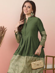 Ethnic Motifs Printed Pleated Mandarin Collar Anarkali Kurta With Sharara-AHKUSH-COMBO-973
