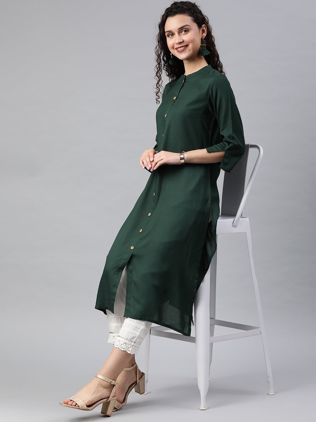 Jade Green Solid Rayon A-line Kurta with Buttons | DesiQlo