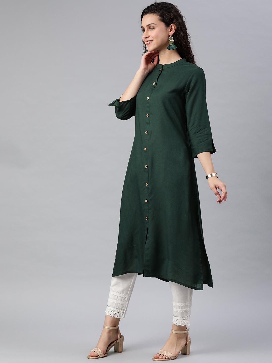 Jade Green Solid Rayon A-line Kurta with Buttons | DesiQlo
