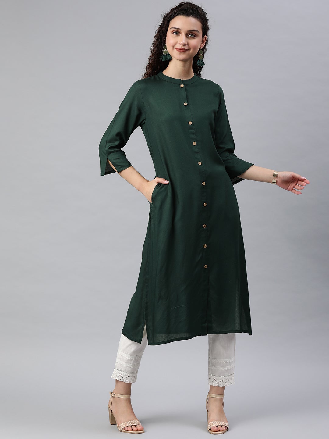 Jade Green Solid Rayon A-line Kurta with Buttons | DesiQlo