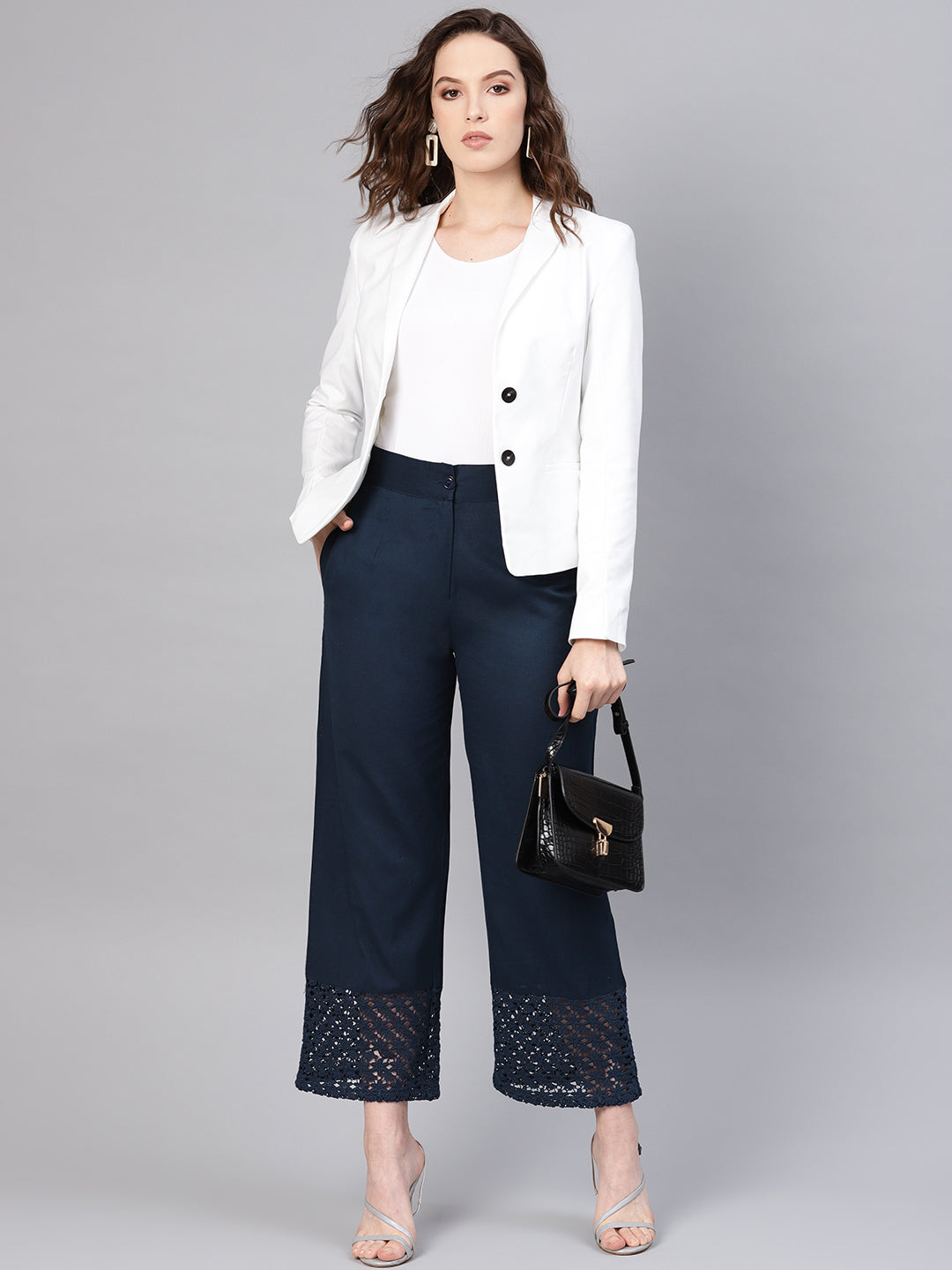 Navy Blue Cotton Flex Solid Wide Leg Women Palazzo With One Pocket | D