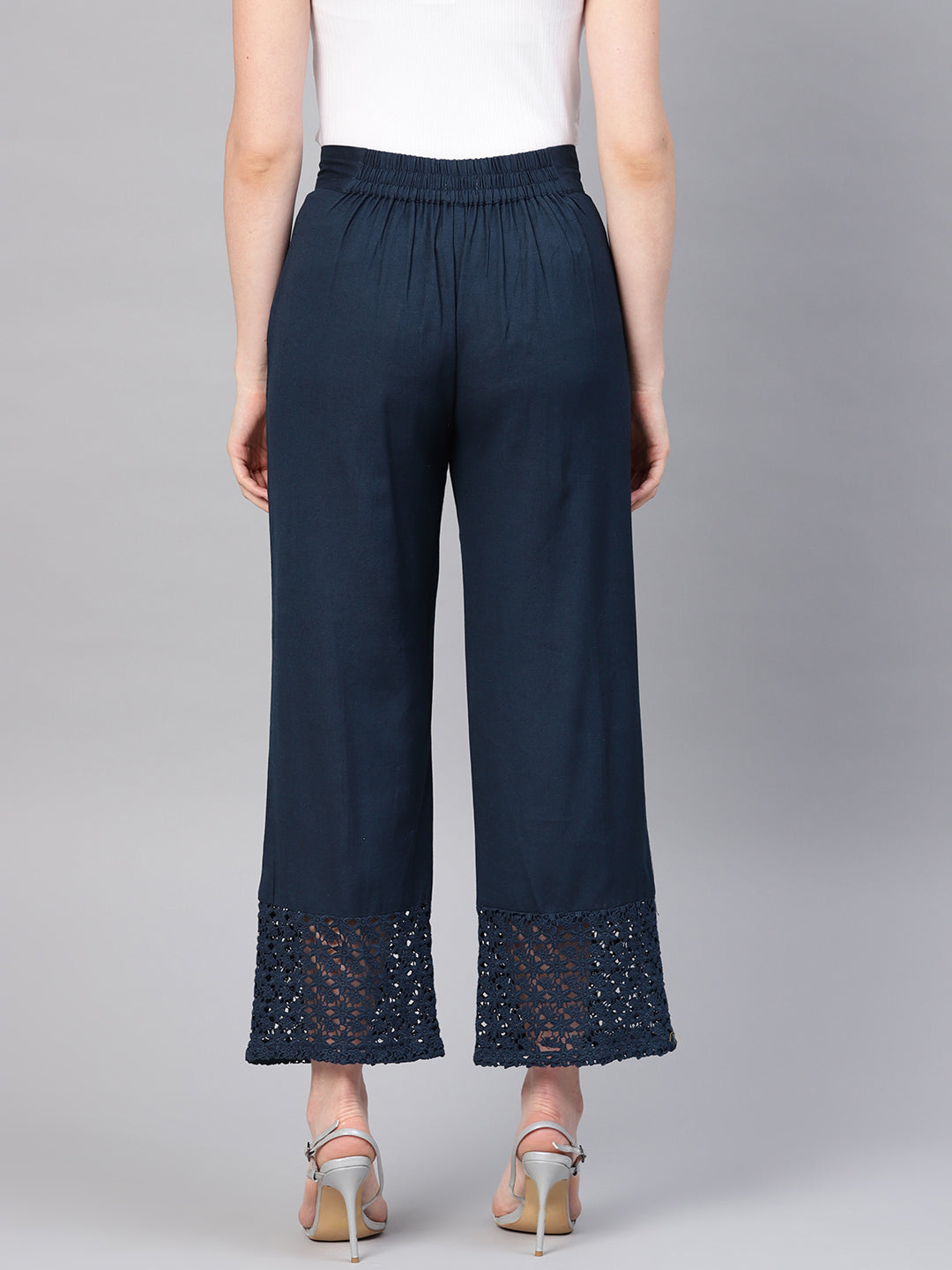 Navy Blue Cotton Flex Solid Wide Leg Women Palazzo With One Pocket | D