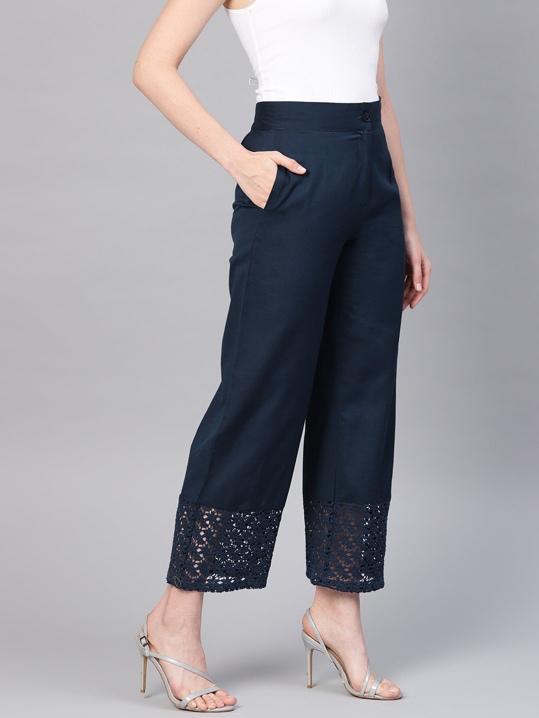 Navy Blue Cotton Flex Solid Wide Leg Women Palazzo With One Pocket | D