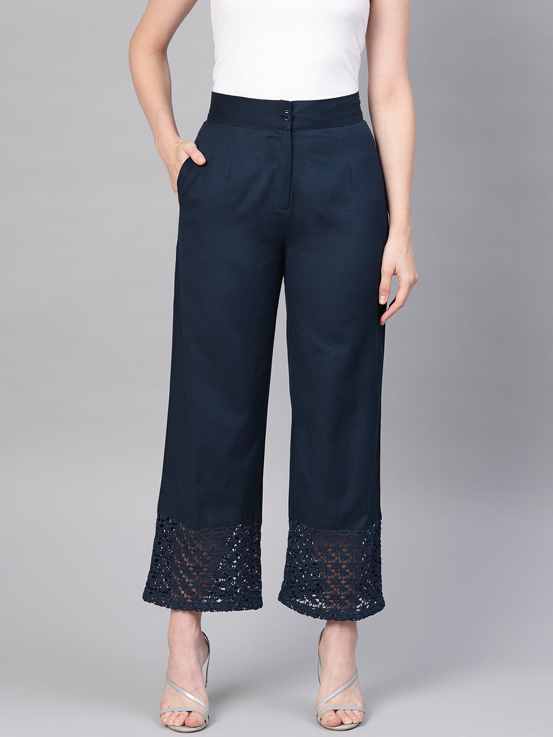 Navy Blue Cotton Flex Solid Wide Leg Women Palazzo With One Pocket | D