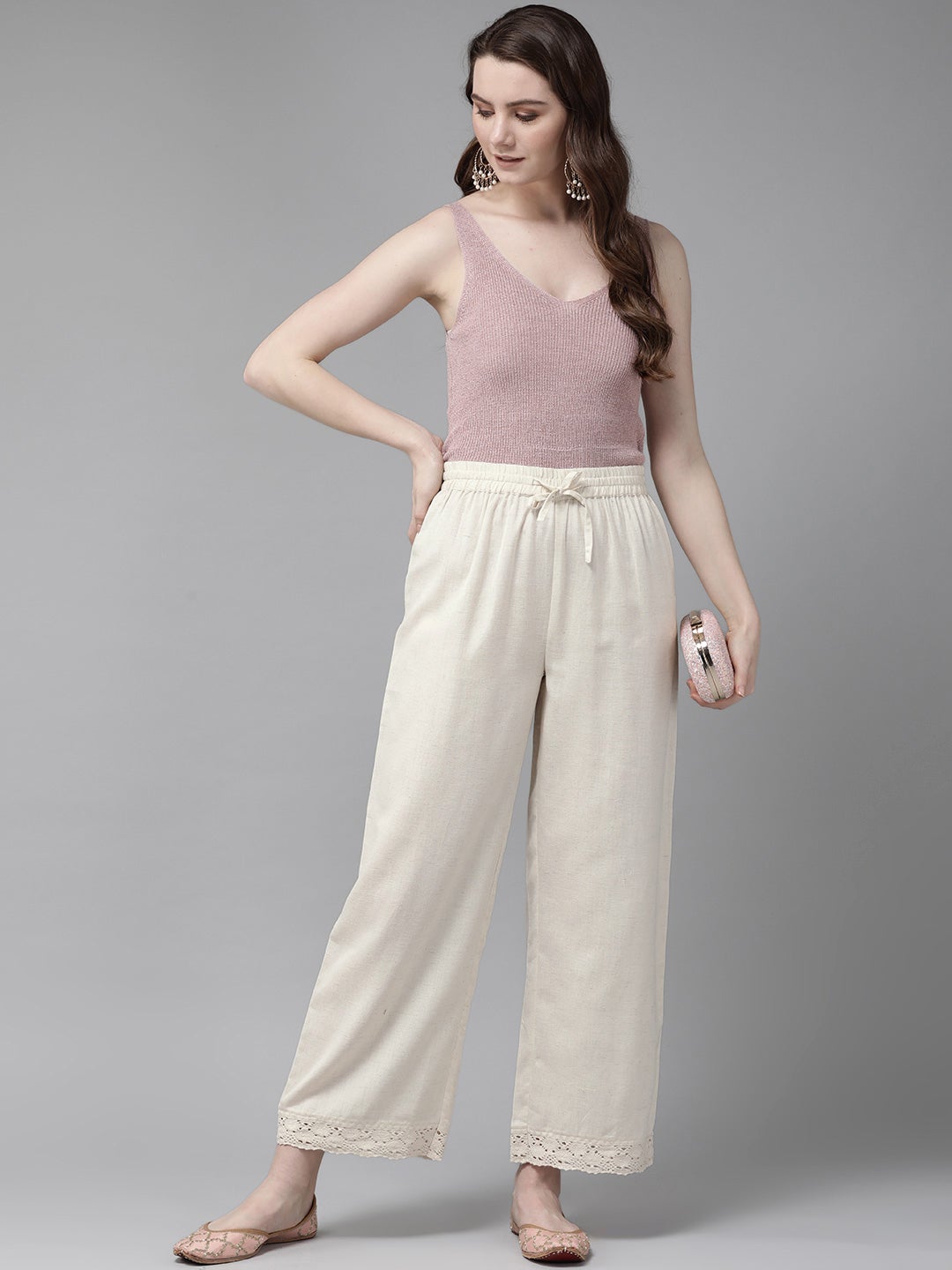 Off-White Solid Rayon Flex Wide Leg Women Palazzo With Lace & Tassels 