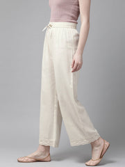 Juniper Off-White Solid Rayon Flex Wide Leg Women Palazzo With Lace & Tassels