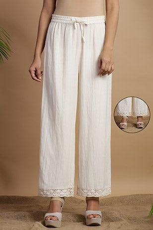 Off-White Solid Rayon Flex Wide Leg Women Palazzo With Lace & Tassels 
