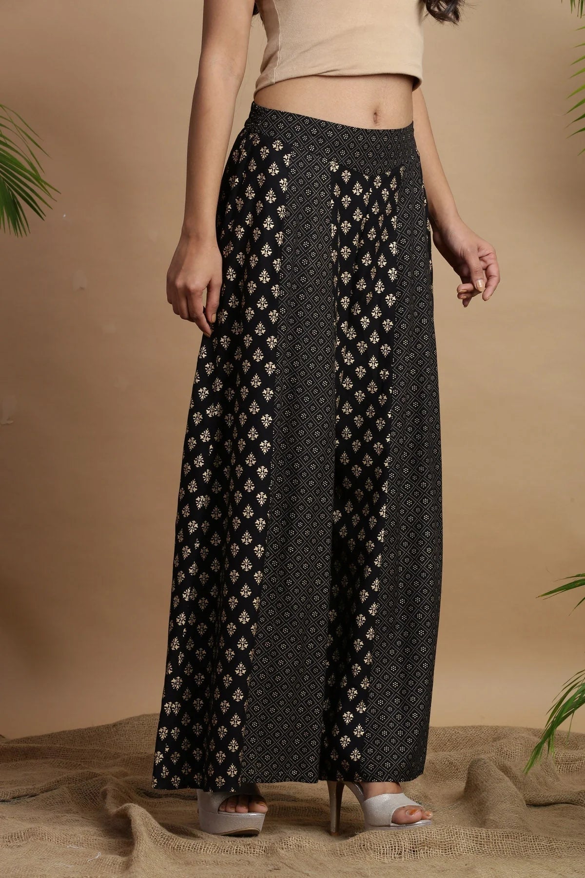 Black Ethnic Print Palazzo Pants - Women's Wide Leg Trousers