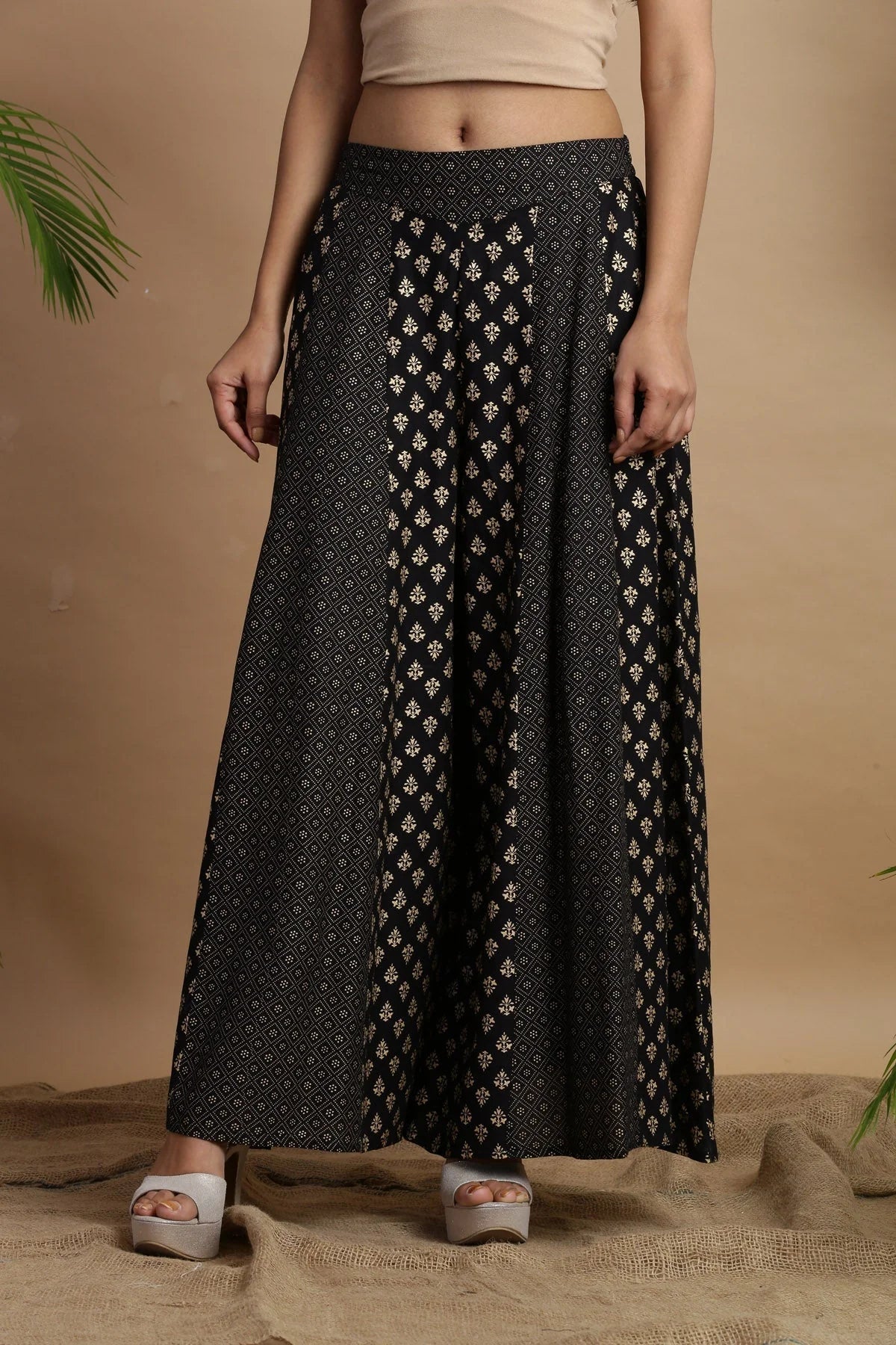 Black Ethnic Print Palazzo Pants - Women's Wide Leg Trousers