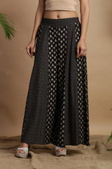 Black Rayon Ethnic Motif Printed Ankle-Length Flared Kalidar Women Palazzo With One Pocket-9789BLACK