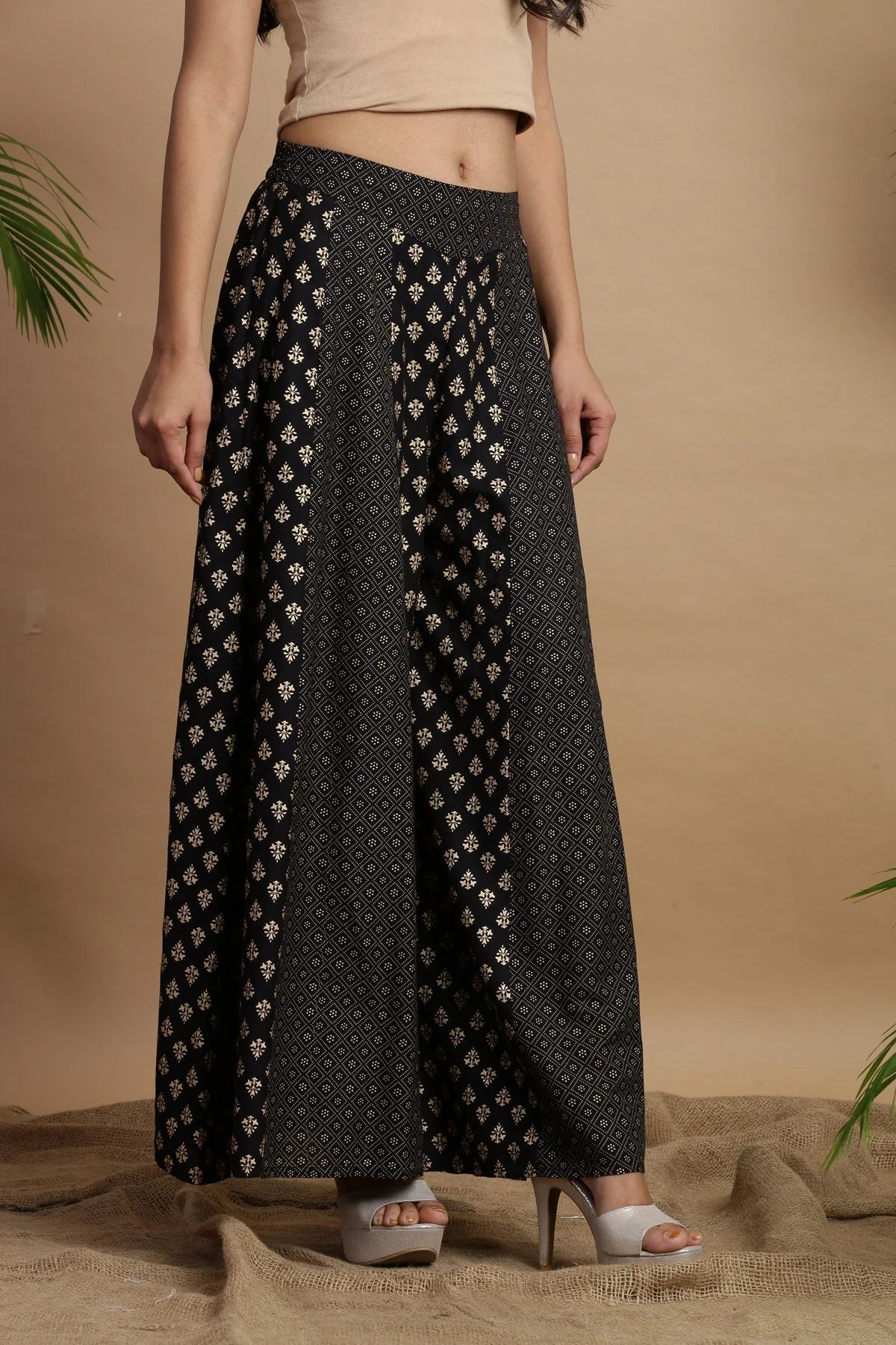 Black Ethnic Print Palazzo Pants - Women's Wide Leg Trousers