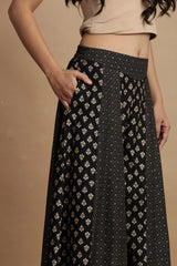 Black Rayon Ethnic Motif Printed Ankle-Length Flared Kalidar Women Palazzo With One Pocket-9789BLACK