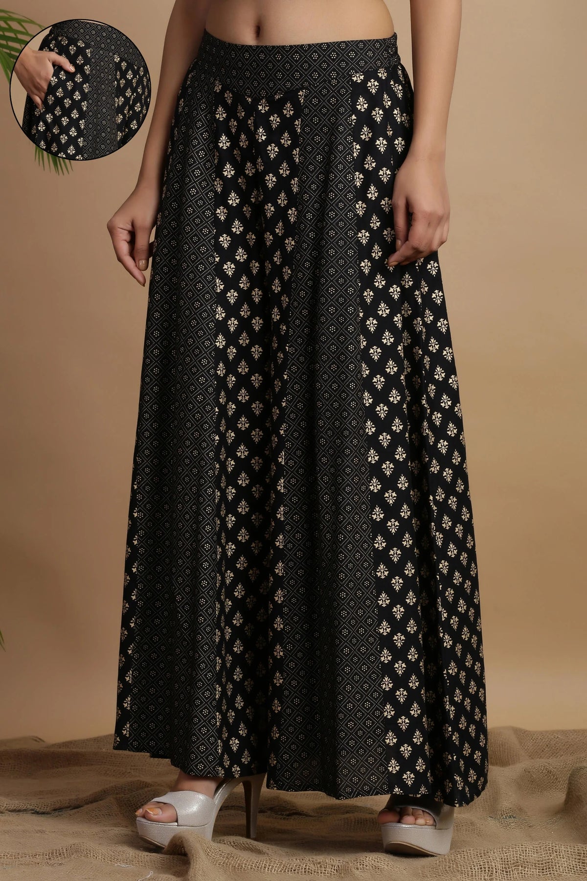 Black Rayon Ethnic Motif Printed Ankle-Length Flared Kalidar Women Palazzo With One Pocket-9789BLACK