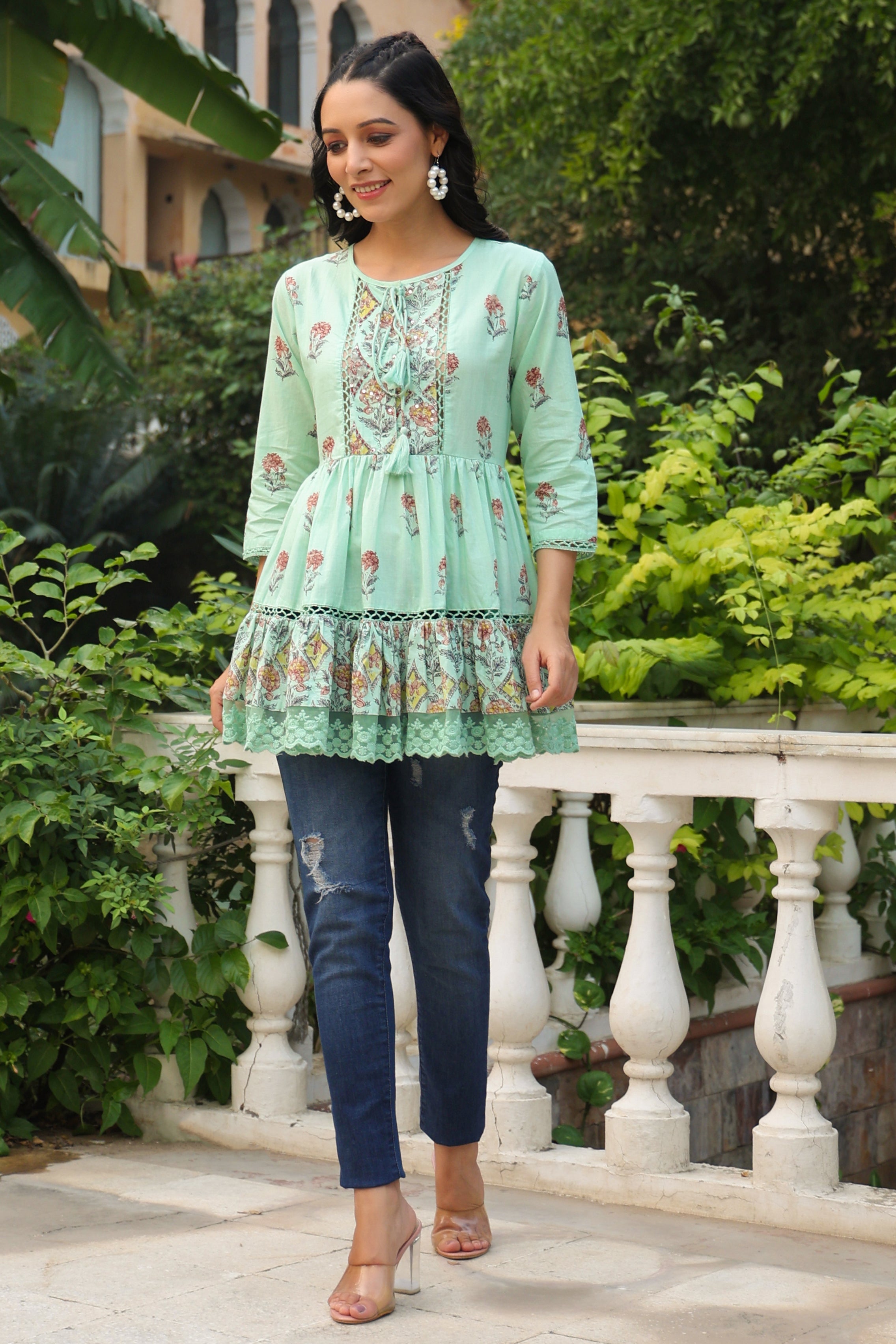 Pista Green Floral Printed Pure Cotton Peplum Tunic With Lace | DesiQl