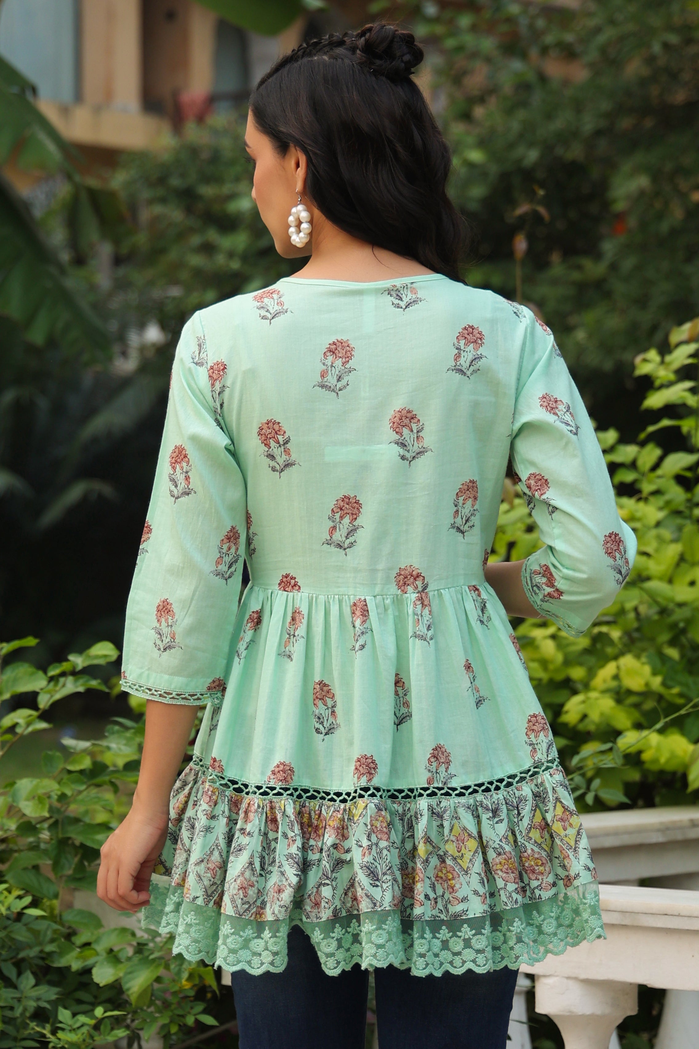 Pista Green Floral Printed Pure Cotton Peplum Tunic With Lace | DesiQl