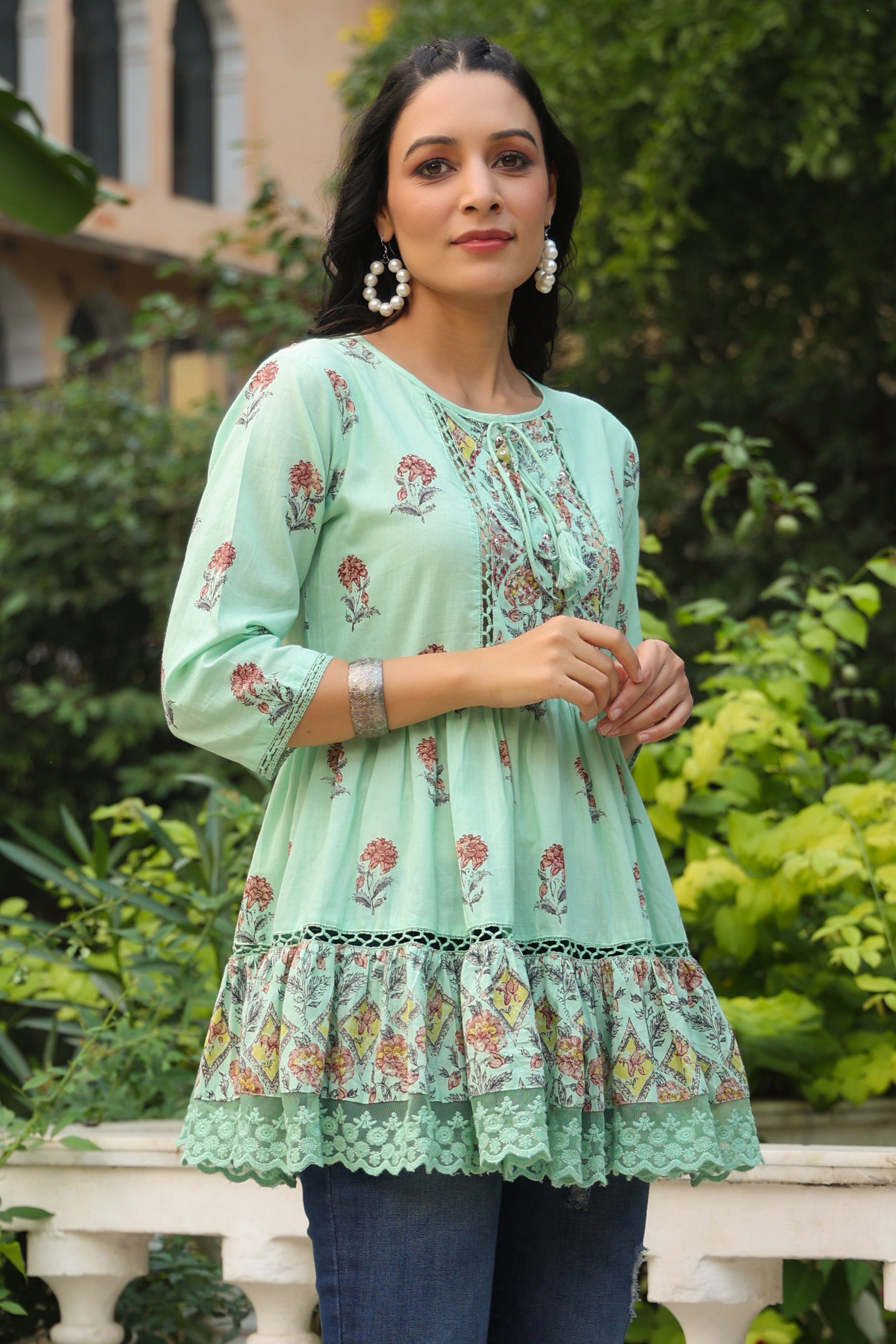 Pista Green Floral Printed Pure Cotton Peplum Tunic With Lace | DesiQl