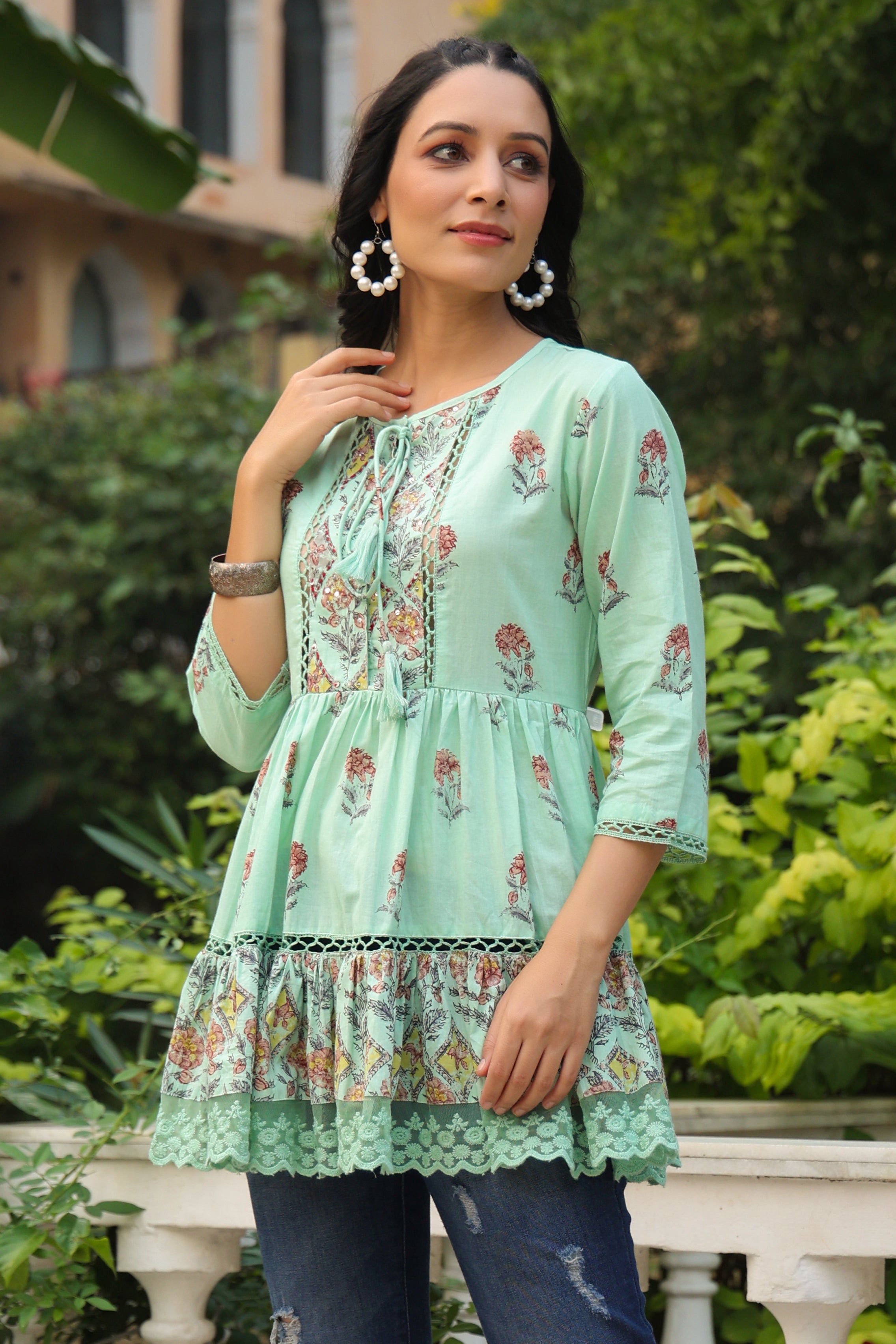 Pista Green Floral Printed Pure Cotton Peplum Tunic With Lace | DesiQl