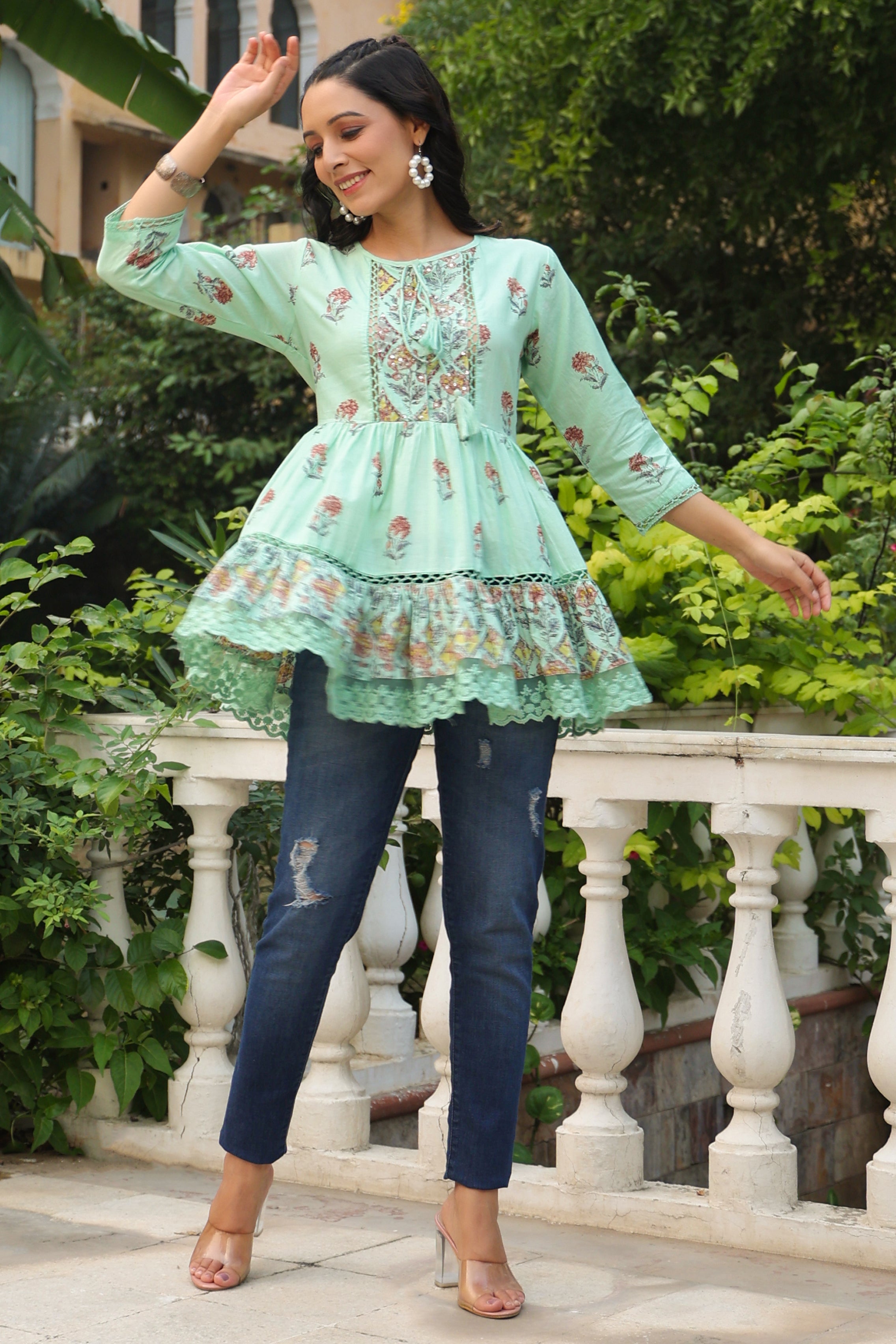Pista Green Floral Printed Pure Cotton Peplum Tunic With Lace | DesiQl