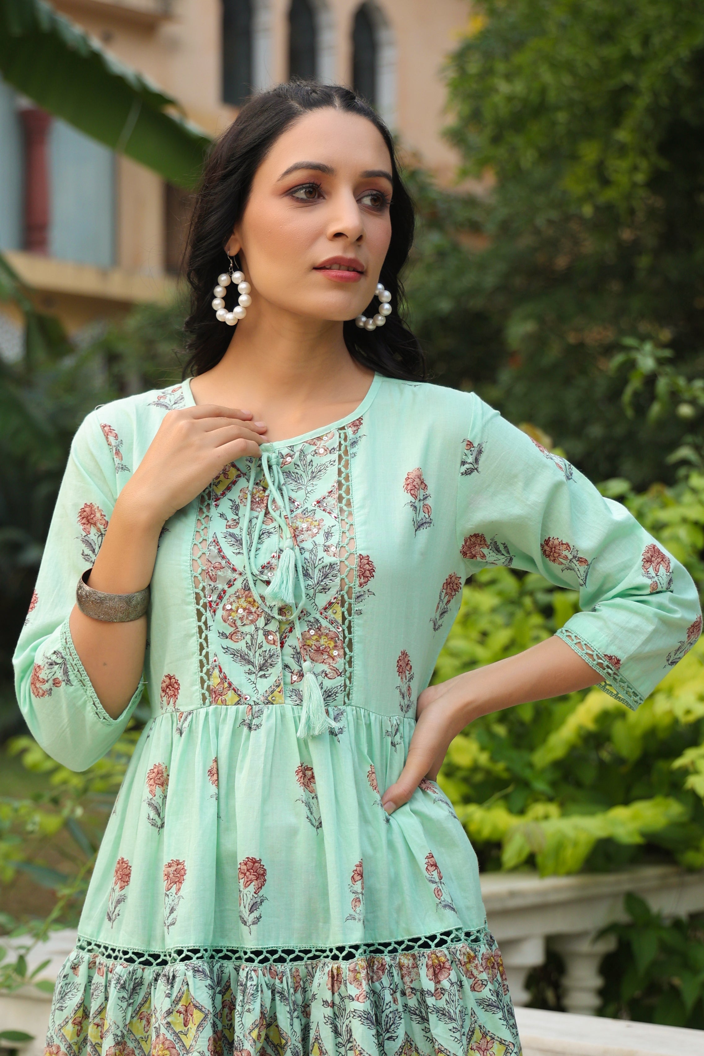 Pista Green Floral Printed Pure Cotton Peplum Tunic With Lace | DesiQl