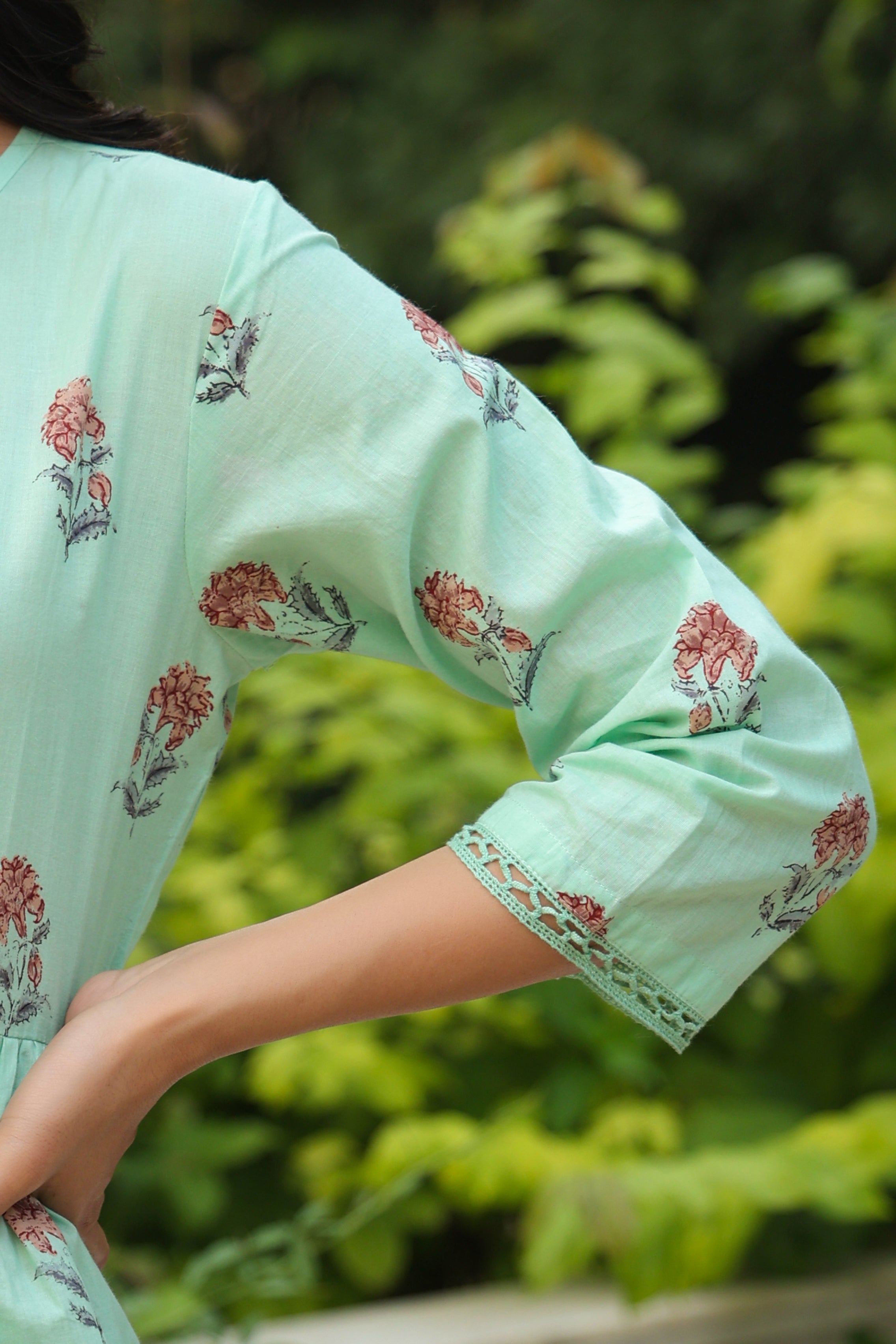 Pista Green Floral Printed Pure Cotton Peplum Tunic With Lace | DesiQl